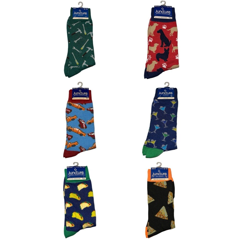 6x Juncture Mens Crew Socks Dog Tools Cars Martini Tacos Pizza Size 6-12